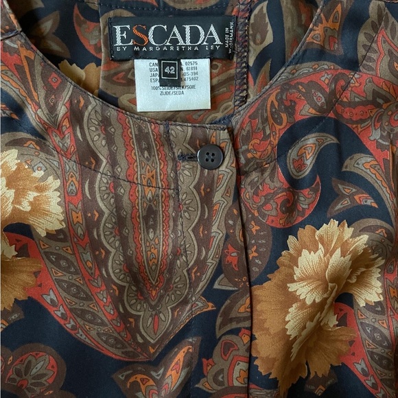 SOLD; ESCADA VINTAGE SILK BLOUSE TUNIC IN BROWN BLACK RUST PAISLEY PRINT 42 - Picture 3 of 10
